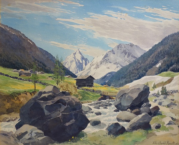 Eduard Handel Mazzetti "Frühling im Sellraintal (Lüsener Ferner)" 1947 Aquarell