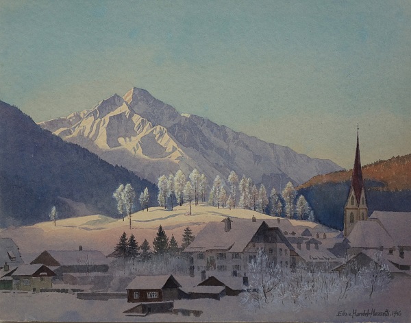 Eduard Handel Mazzetti "Seefeld gegen Hocheder" 1946 Aquarell 28 x 35,4 cm