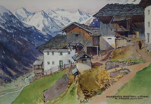 Rudolf Preuss "Bauerhöfe Kartnal im Stubai" Aquarell 1924