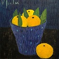 Veronika Gerber "Blaues Gefäß mit Grapefruit" Öl auf Leinwand 40 x 40 cm