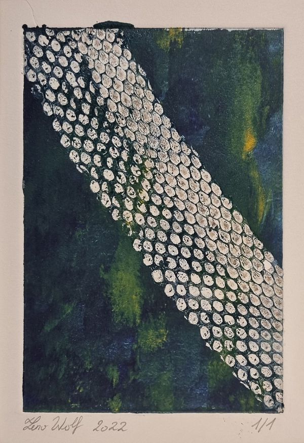 Zeno Wolf "Serpenspellis VII" Materialdruck mit Schlangenhaut 15 x 10 cm