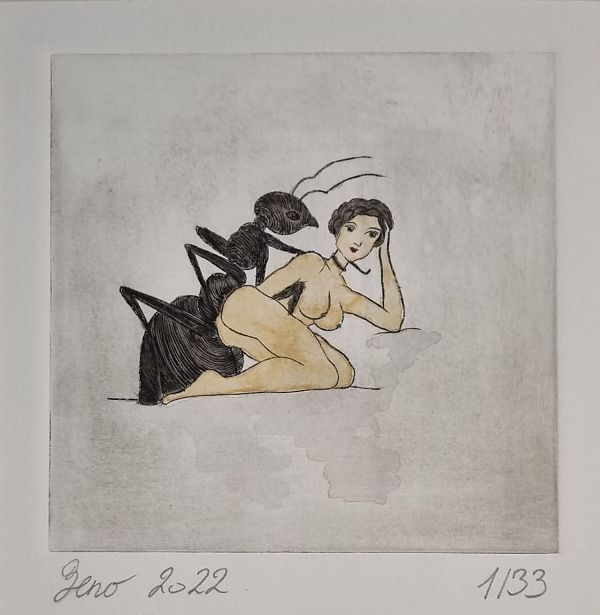 Zeno Wolf "Ameisenverführung - handkoloriert" Kupferstich 10 x 10 cm
