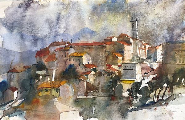 Heinz Hofer "Korsika Sartene" Aquarell 31,5 x 48,5 cm