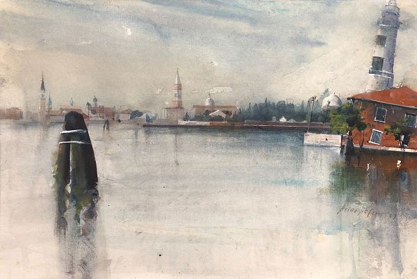 Heinz Hofer "Blick von Burano nach Venedig" Aquarell 32 x 48,5 cm