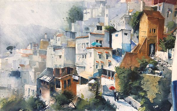 Heinz Hofer "Chefchaouen" Aquarell 31,8 x 48,5 cm