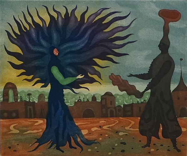 Arik Brauer, Der Kauf, Farbradierung