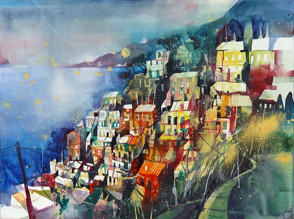 Bernhard Vogel "Rio Maggiore Ligurien" Aquarell 56 x 76 cm