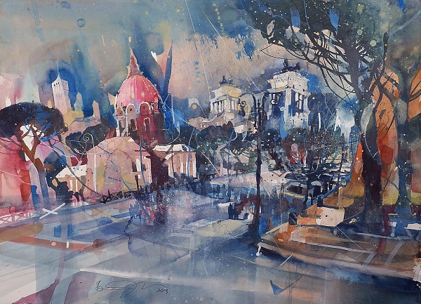 Bernhard Vogel "Via Fori Imperiali Roma" Aquarell 56 x 76 cm