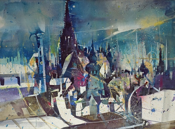 Bernhard Vogel "Dachlandschaft mit Stephansdom Wien" Aquarell 46 x 61 cm