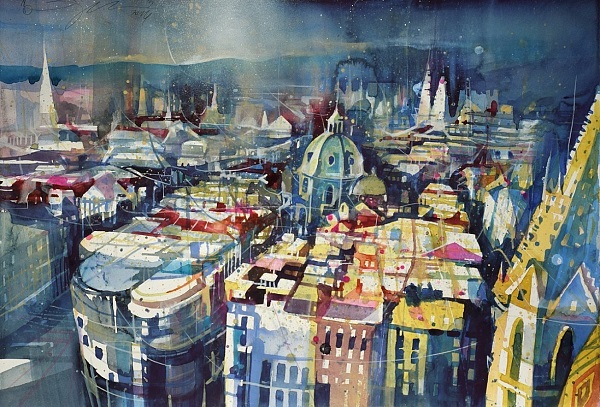 Bernhard Vogel "Wien Dachlandschaft mit Peterskirche Wien" Aquarell 54 x 76 cm