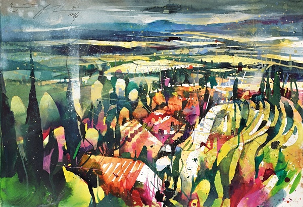 Bernhard Vogel "Landschaft bei Montaione Toscana" Aquarell 54 x 76 cm