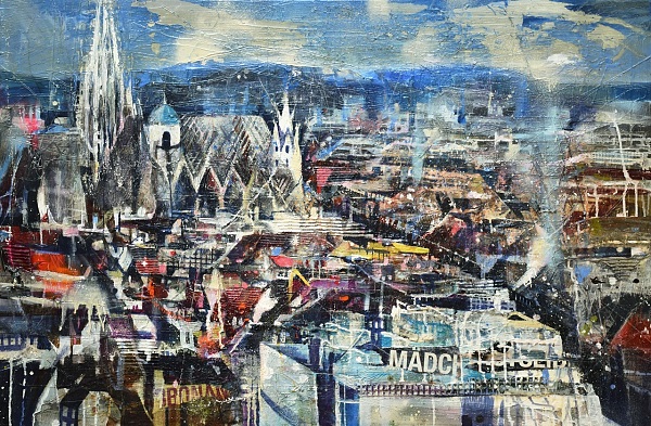 Bernhard Vogel "Dachlandschaft mit Stephansdom Wien - vom Loft" Mixed Media 80 x 120 cm