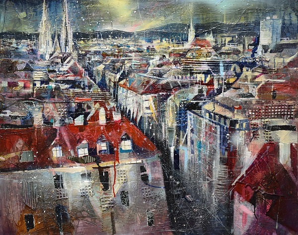 Bernhard Vogel "Brandstätte mit Votivkirche, Wien" Mixed Media 80 x 120 cm
