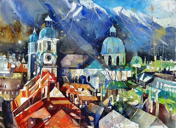 Bernhard Vogel "Innsbruck - Blick zum Dom" Aquarell 56 x 76 cm