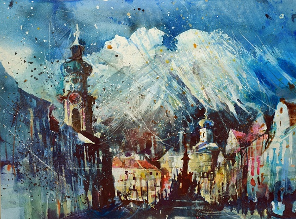 Bernard Vogel "Innsbruck, Maria-Theresienstraße" Aquarell/Acryl 40 x 50 cm