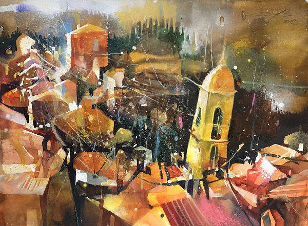 Bernhard Vogel "Legoli, Abendstimmung Toskana" Mixed Media 56 x 76 cm