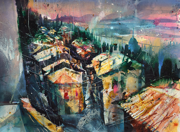 Bernhard Vogel "Montepulciano, Toskana" Aquarell 56 x 76 cm