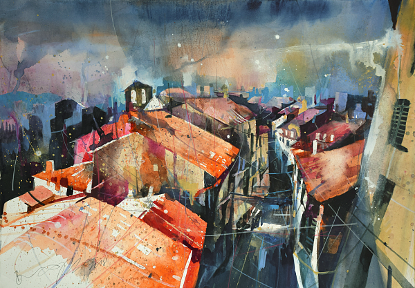 Bernhard Vogel "San Minato, Dächer Toskana" Aquarell 56 x 76 cm