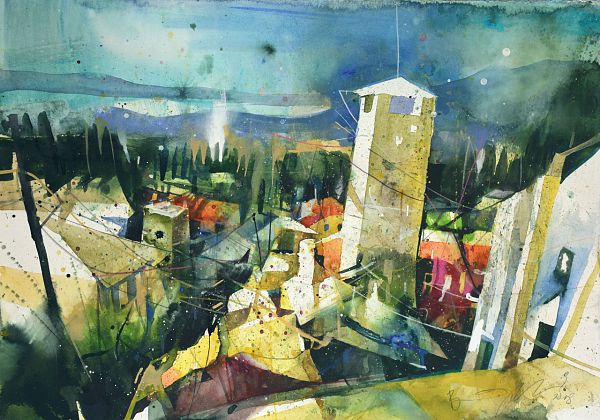 Bernhard Vogel "Vicopisano, Morgenlicht Toskana" Aquarell Acryl 56 x 76 cm