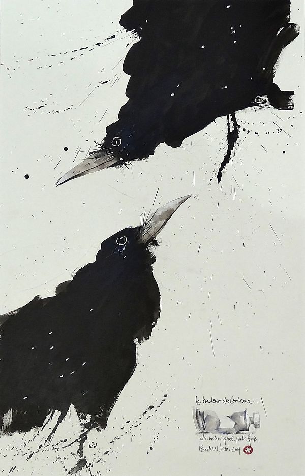 Bodo Klös "La couleur des corbeaux" Zeichnung mit Aquarell Tusche und Kreide 65 x 41 cm