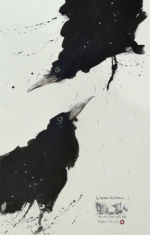 Bodo Klös "La couleur des corbeaux" Zeichnung mit Aquarell, Tusche und Kreide 65 x 41 cm