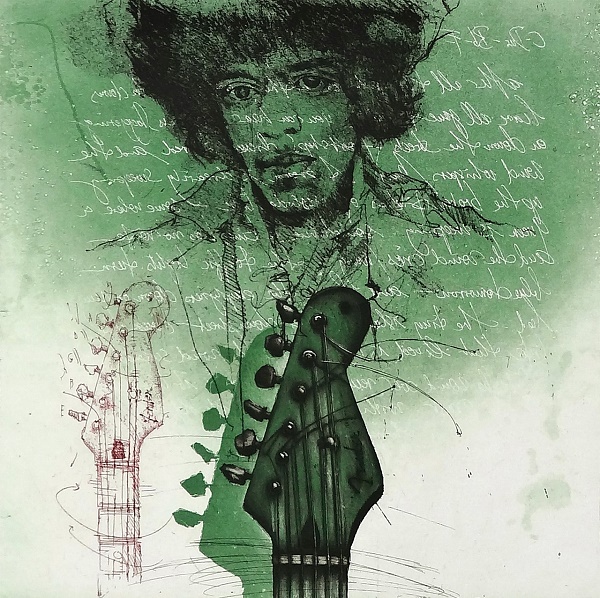 Bodo Klös "Portrait Jimi Hendrix" Radierung 50 x 40 cm