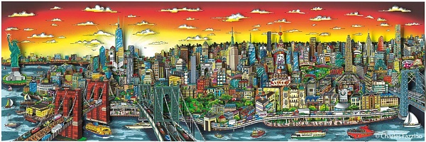 Charles Fazzino "A dusk falls over NYC" 3D-Siebdruck 55 x 115 cm