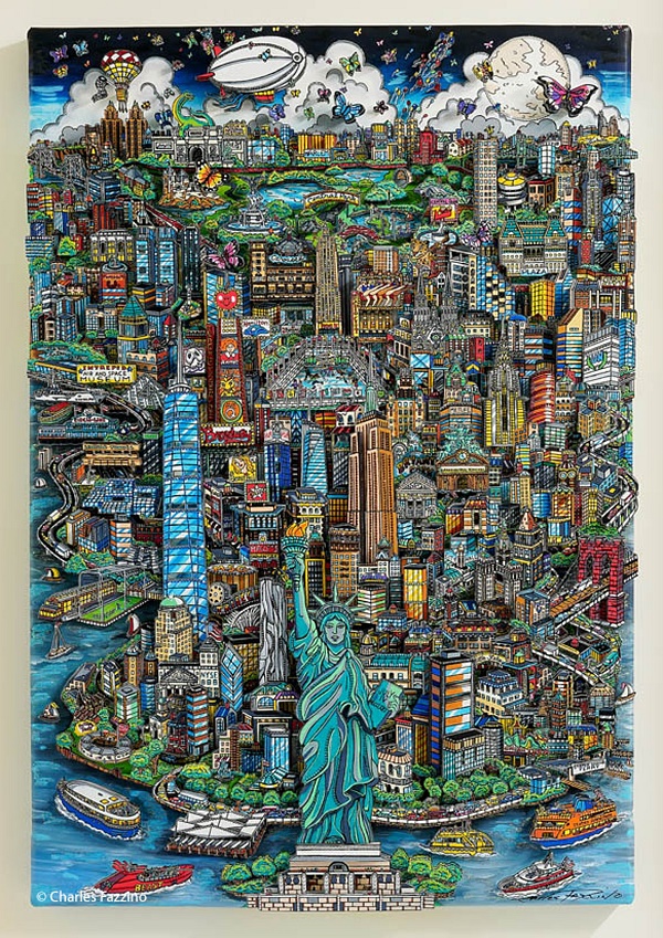 Charles Fazzino "Liberty in the center of it all" Unikat auf Leinwand 90 x 60 cm