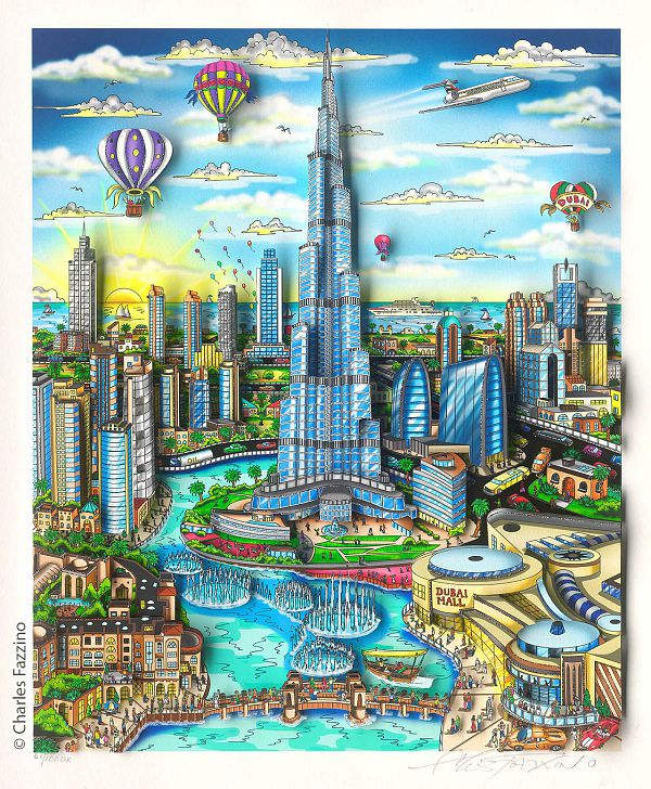 Charles Fazzino "The fountains of downtown Dubai" 3D-Siebdruck 51 x 41 cm