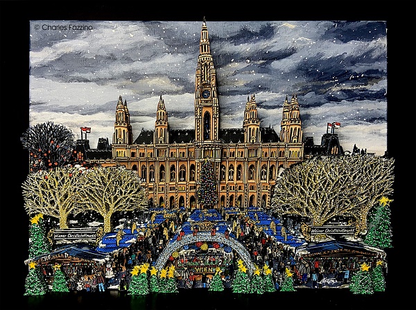 Charles Fazzino "Winter Market Vienna" Unikat auf Leinwand 50 x 60 cm