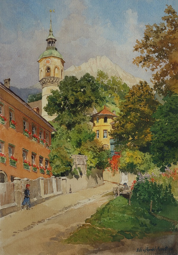 Eduard Handel Mazzetti "Alte Höttinger Kirche" 1948 Aquarell 36 x 25,4 cm