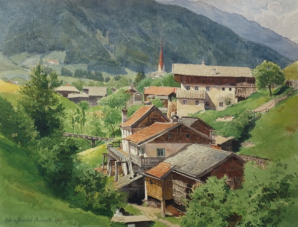 Eduard Handel Mazzetti "Axams- Mühlen am Lizumer Bach" 1947 Aquarell 30 x 36 cm