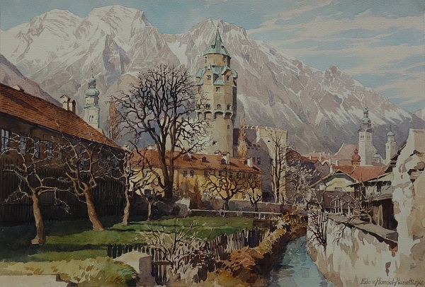 Eduard Handel Mazzetti "Hall- Münzturm gg. Bettelwurf" 1948 Aquarell 25,36 cm