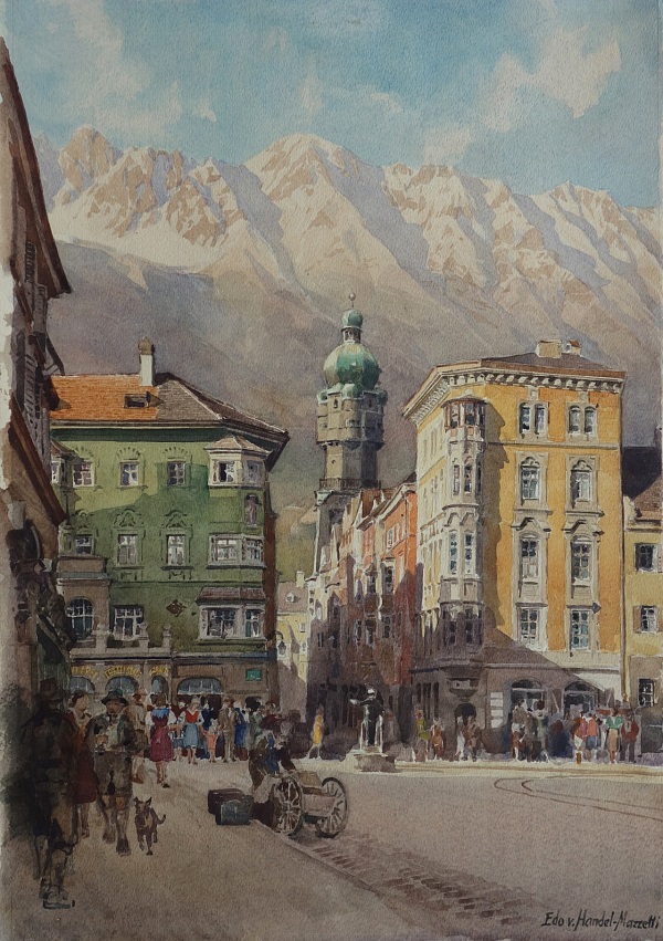 Eduard Handel Mazzetti "Innsbruck- Maria Theresien Straße" Aquarell 36 x 25,4 cm