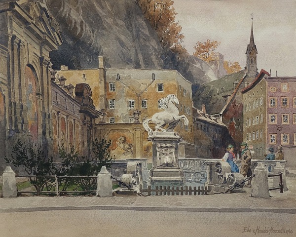 Eduard Handel Mazzetti "Salzburg- Pferdeschwemme" 1946 Aquarell 30 x 37 cm