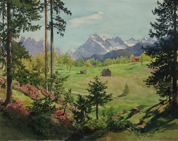 Eduard Handel Mazzetti "Seefeld gegen Karwendel" 1945 Aquarell 29 x 36,2 cm
