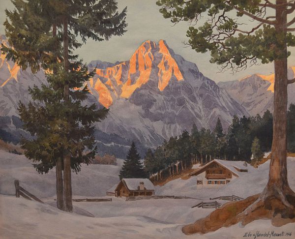 Eduard von Handel Mazzetti "Winterabend in Seefeld- Blick zur Tiefkarspitze" 1946 Aquarell 30 x 38 cm