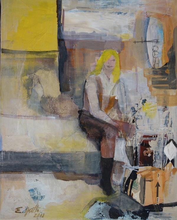 Elena Gatti "Besuch im Atelier" Mischtechnik auf Leinwand 41x33,5 cm