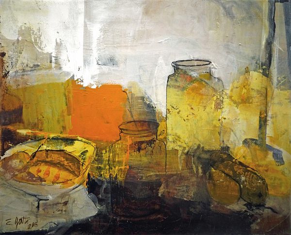 Elena Gatti "Stillleben in Ocker" Acryl auf Leinwand 56 x 70 cm