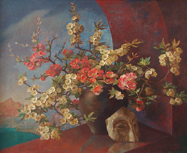 Ernst Nepo "Apfelblüte mit Maske" Öl, 1959