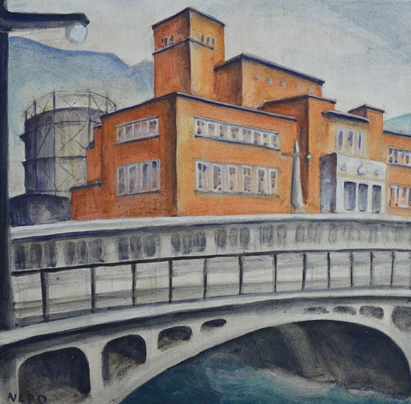 Ernst Nepo "Hallenbad Innsbruck" Aquarell 38 x 38 cm