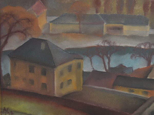 Ernst Nepo "Landschaft - Haus am Inn" 1932 Pastell 38 x 47,5 cm