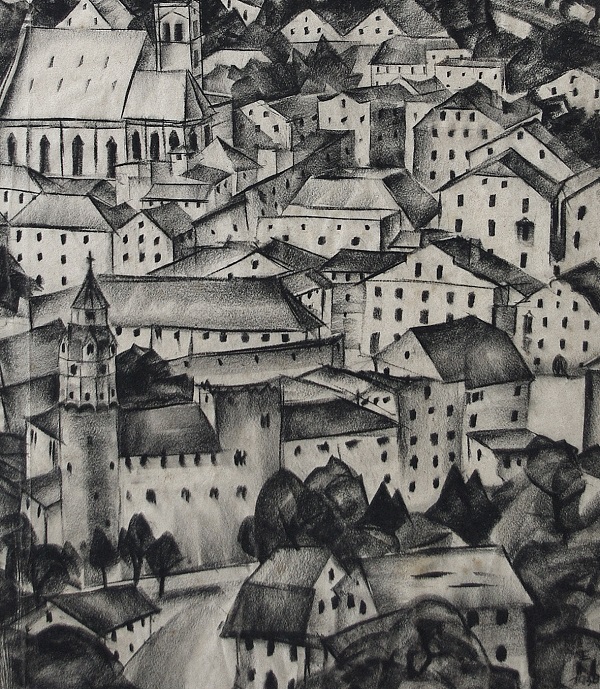 Ernst Nepo "Stadtansicht Hall in Tirol" Kohlezeichnung, 1930