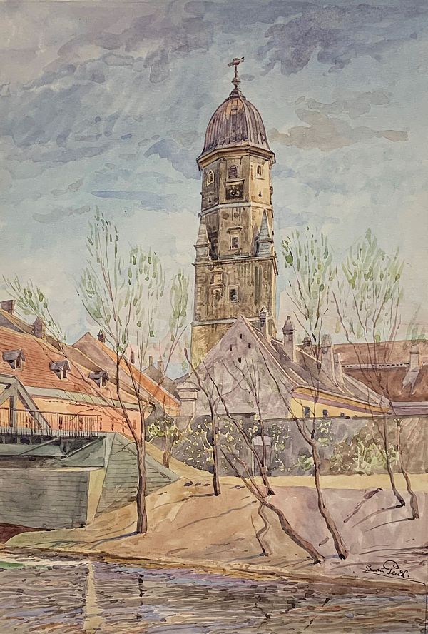 Erwin Pendl "Stadtturm in Fischament - Niederösterreich" 1931 Aquarell 28,8 x 21 cm