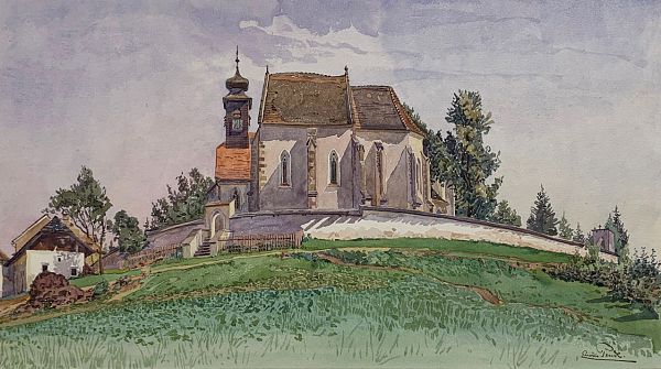 Erwin Pendl "Taufkapelle und Kirche in St. Peter bei Freistadt OÖ" 1929 Aquarell 20 x 36,6 cm