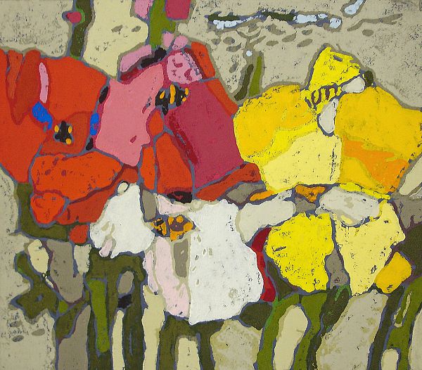 Fussmann "Rosen rot, weiss, gelb" Linolschnitt 35 x 43 cm