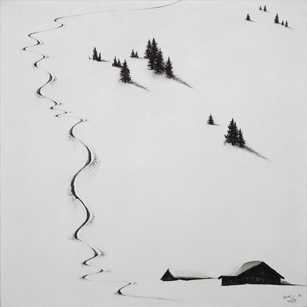 Günter Leiter "Abfahrt ins Tal" Kohle auf Naturleinen - 80 x 80cm