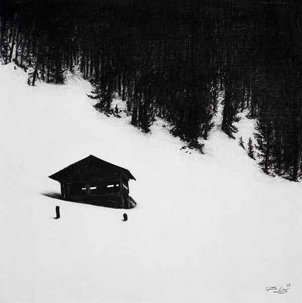 Günter Leiter "Alter Schnee" Kohle auf Naturleinen - 60 x 60cm