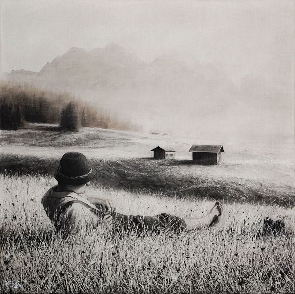 Günter Leiter "Auszeit im Gras" Kohle auf Naturleinen - 80 x 80cm