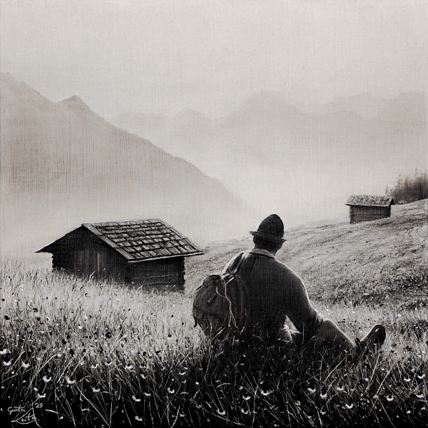 Günter Leiter "Der Rastende"  Kohle auf Naturleinen - 60 x 60cm